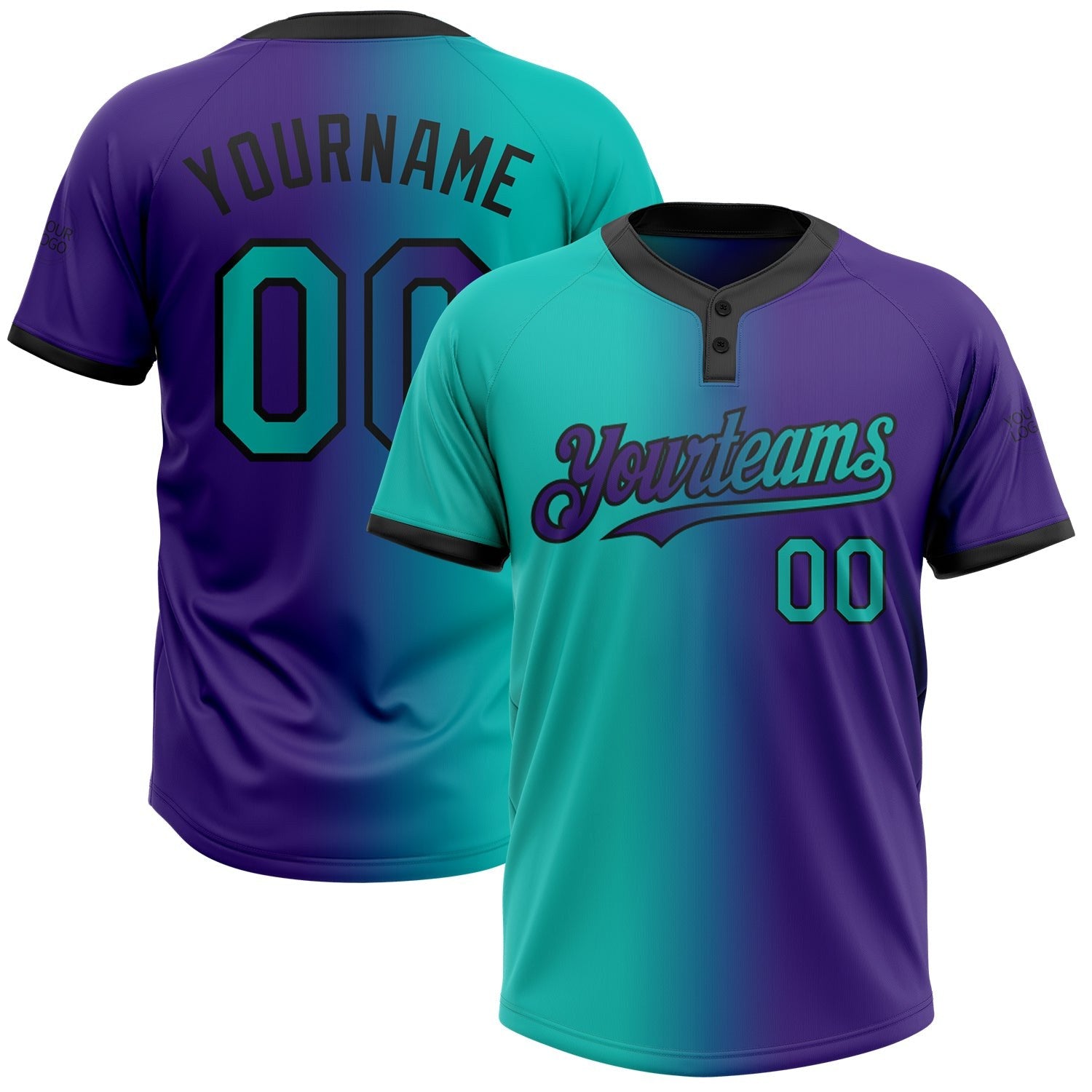 Custom Purple Aqua-Black Gradient Fashion Two-Button Unisex Softball Jersey photo 1