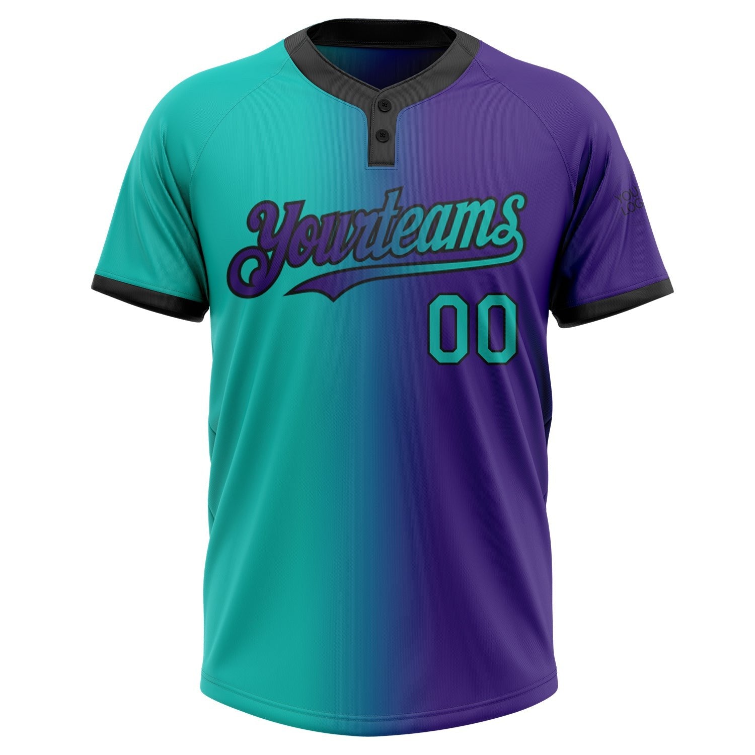 Custom Purple Aqua-Black Gradient Fashion Two-Button Unisex Softball Jersey photo 2