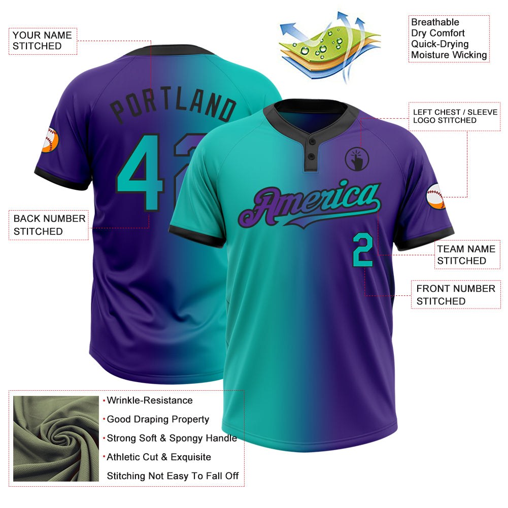 Custom Purple Aqua-Black Gradient Fashion Two-Button Unisex Softball Jersey photo 3