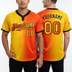 Custom Orange Yellow-Black Gradient Fashion Two-Button Unisex Softball Jersey worn front and back