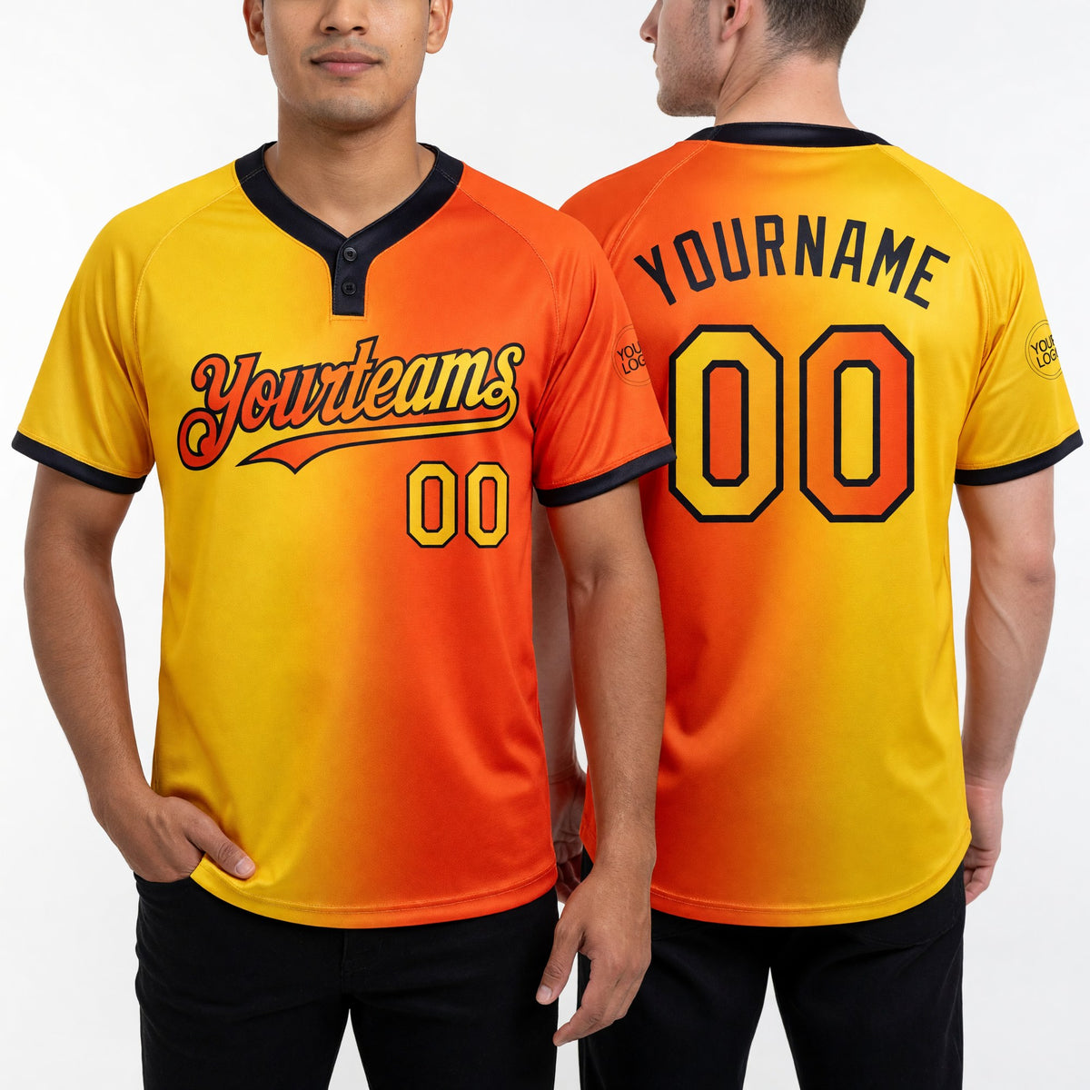 Custom Orange Yellow-Black Gradient Fashion Two-Button Unisex Softball Jersey worn front and back