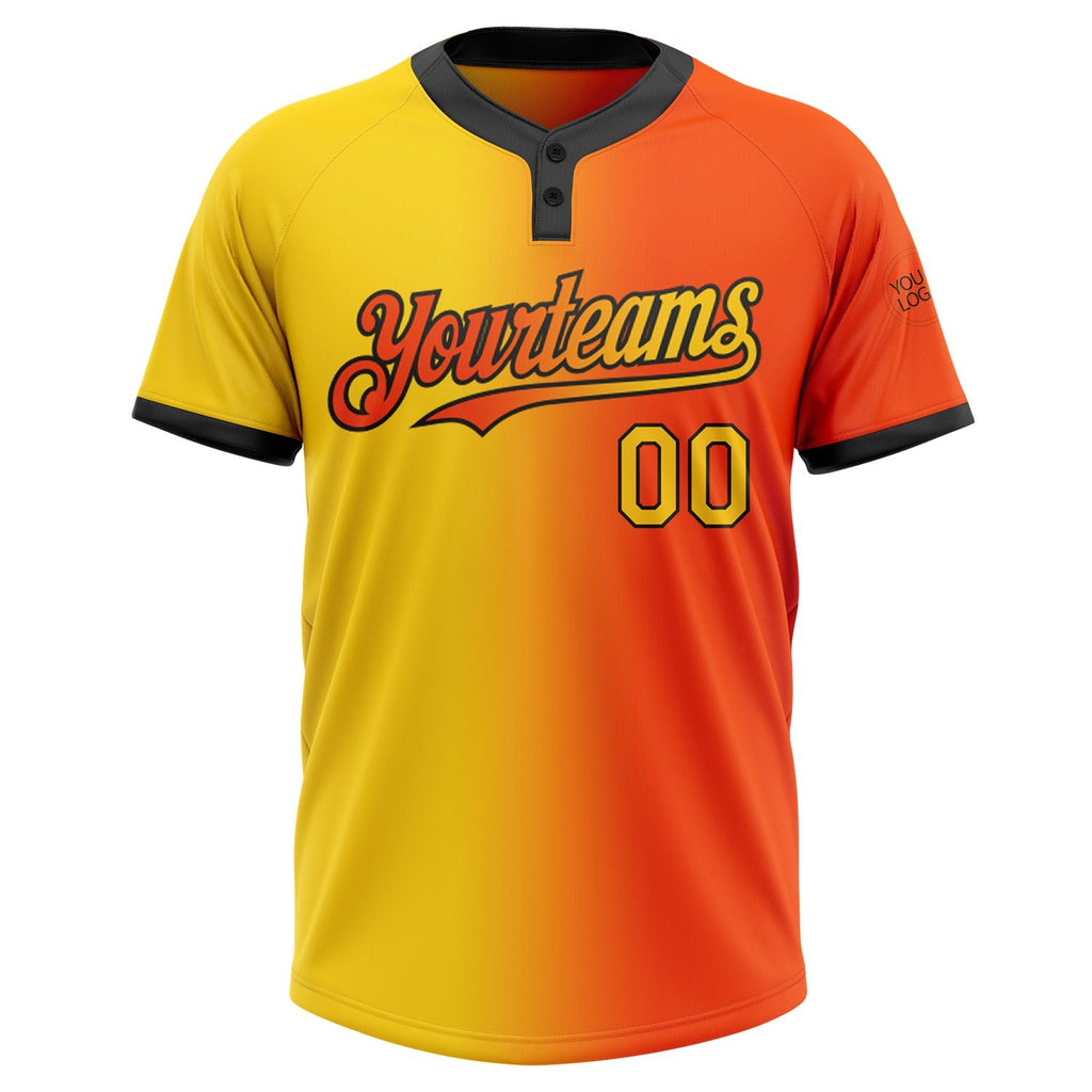 Custom Orange Yellow-Black Gradient Fashion Two-Button Unisex Softball Jersey photo 2