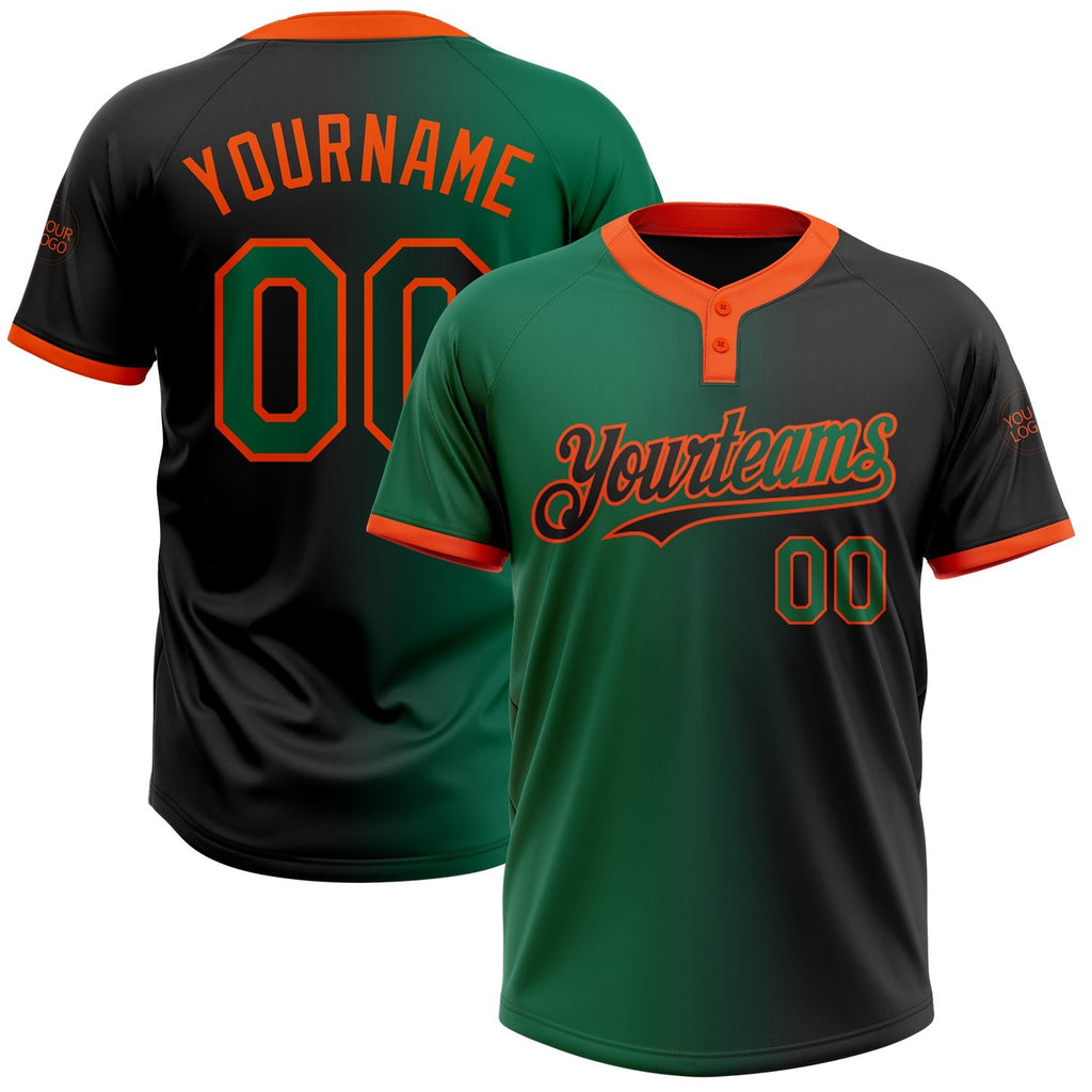 Custom Black Kelly Green-Orange Gradient Fashion Two-Button Unisex Softball Jersey photo 1