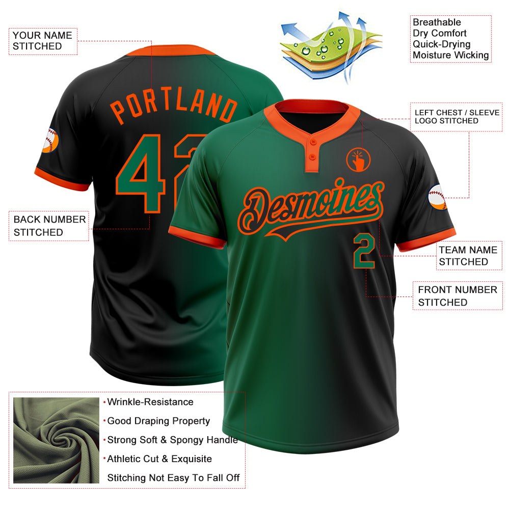 Custom Black Kelly Green-Orange Gradient Fashion Two-Button Unisex Softball Jersey photo 3