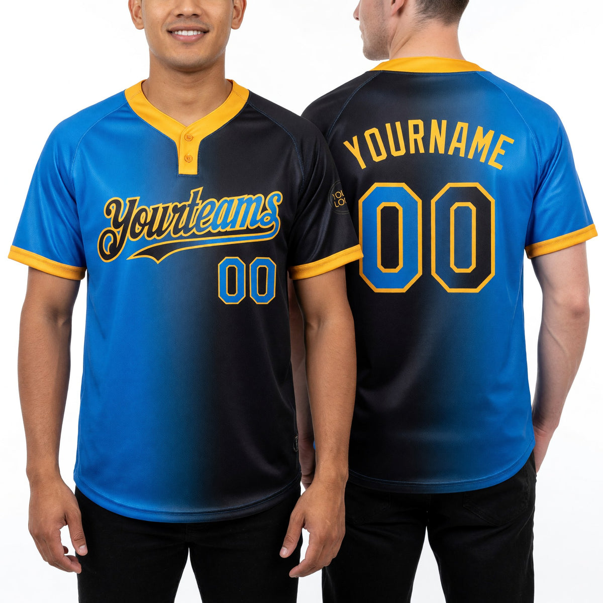 Custom Black Electric Blue-Gold Gradient Fashion Two-Button Unisex Softball Jersey worn front and back