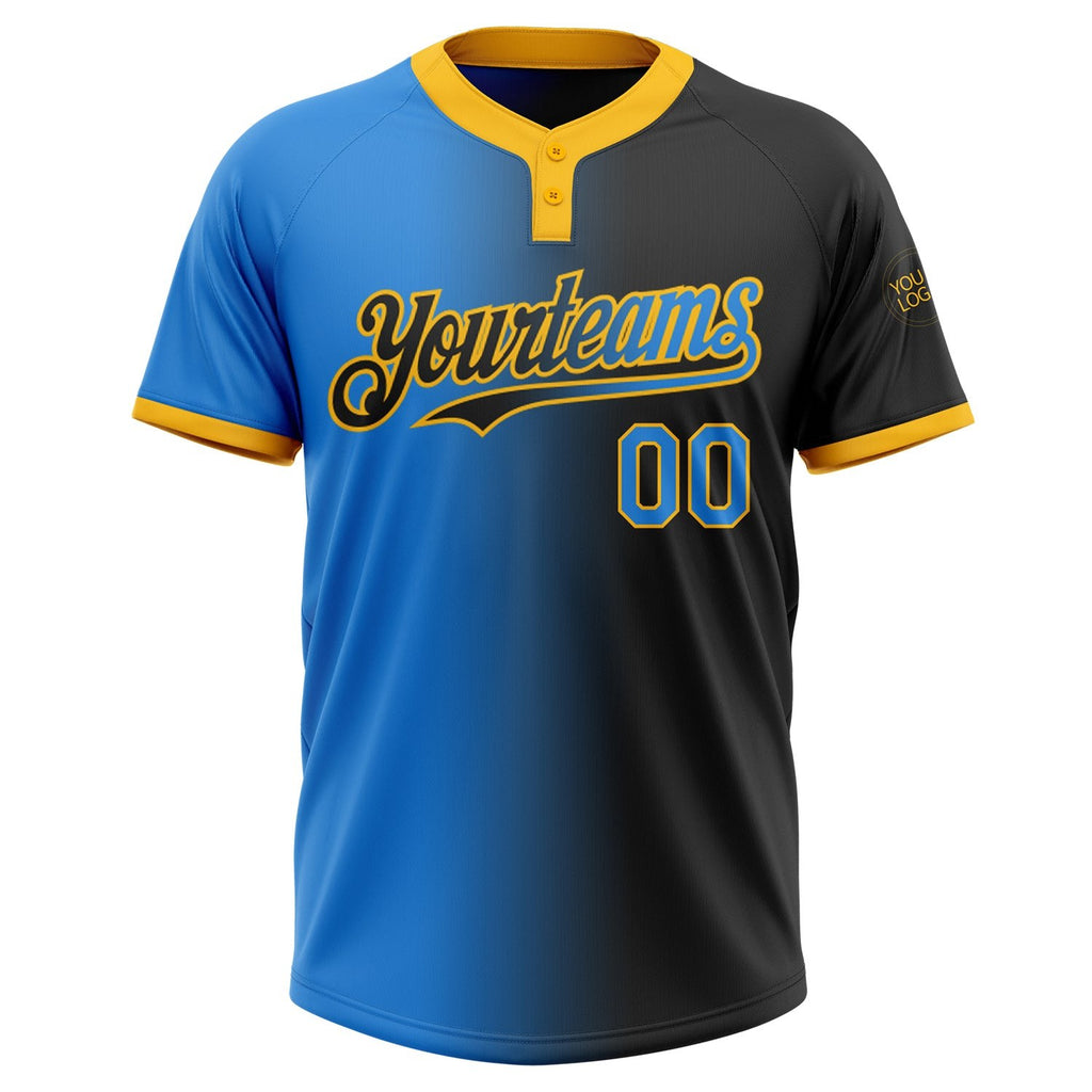 Custom Black Electric Blue-Gold Gradient Fashion Two-Button Unisex Softball Jersey photo 2
