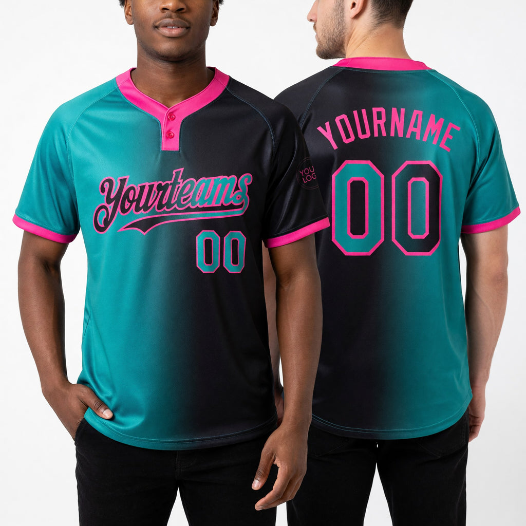 Custom Black Aqua-Pink Gradient Fashion Two-Button Unisex Softball Jersey worn front and back