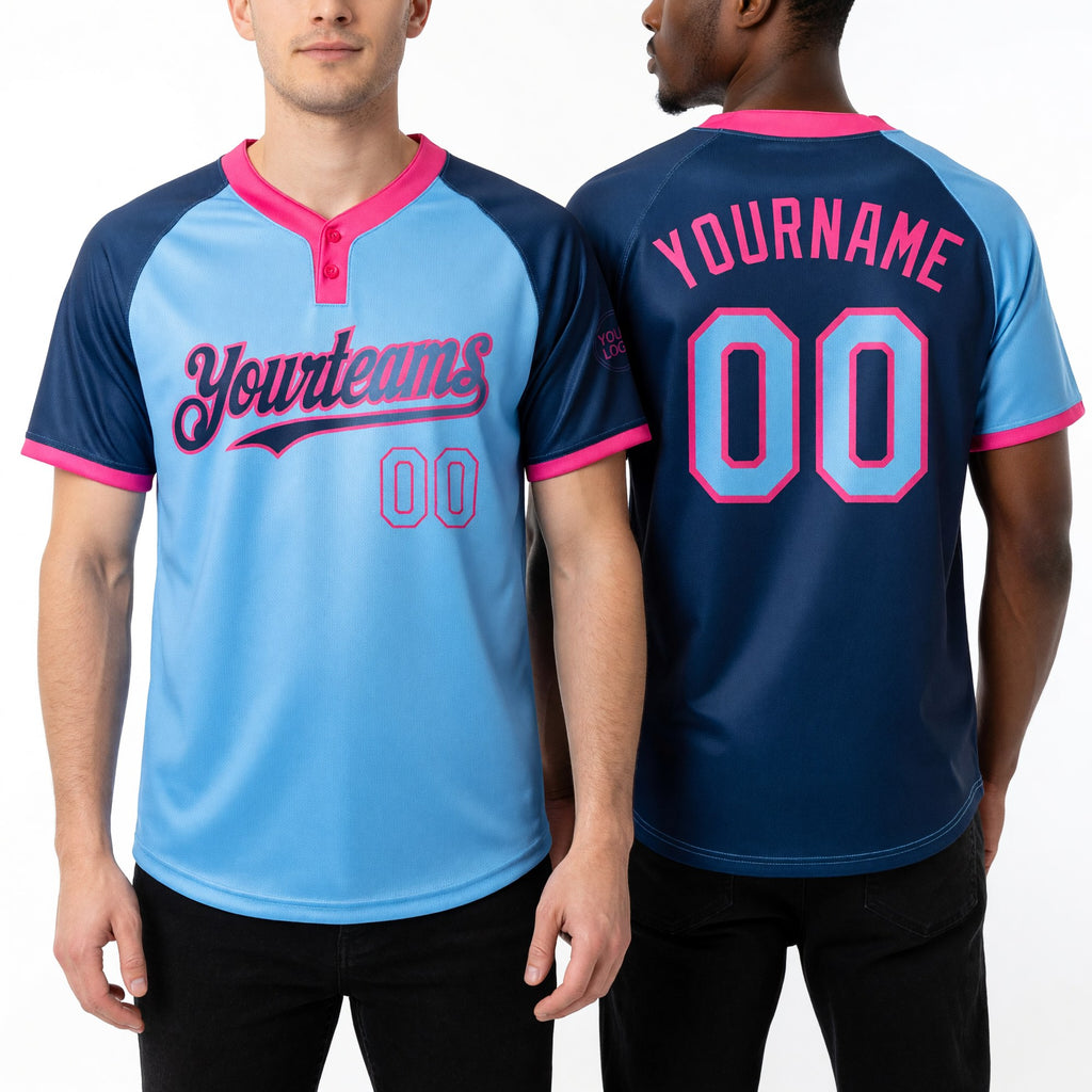 Custom Navy Light Blue-Pink Gradient Fashion Two-Button Unisex Softball Jersey worn front and back