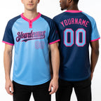 Custom Navy Light Blue-Pink Gradient Fashion Two-Button Unisex Softball Jersey worn front and back