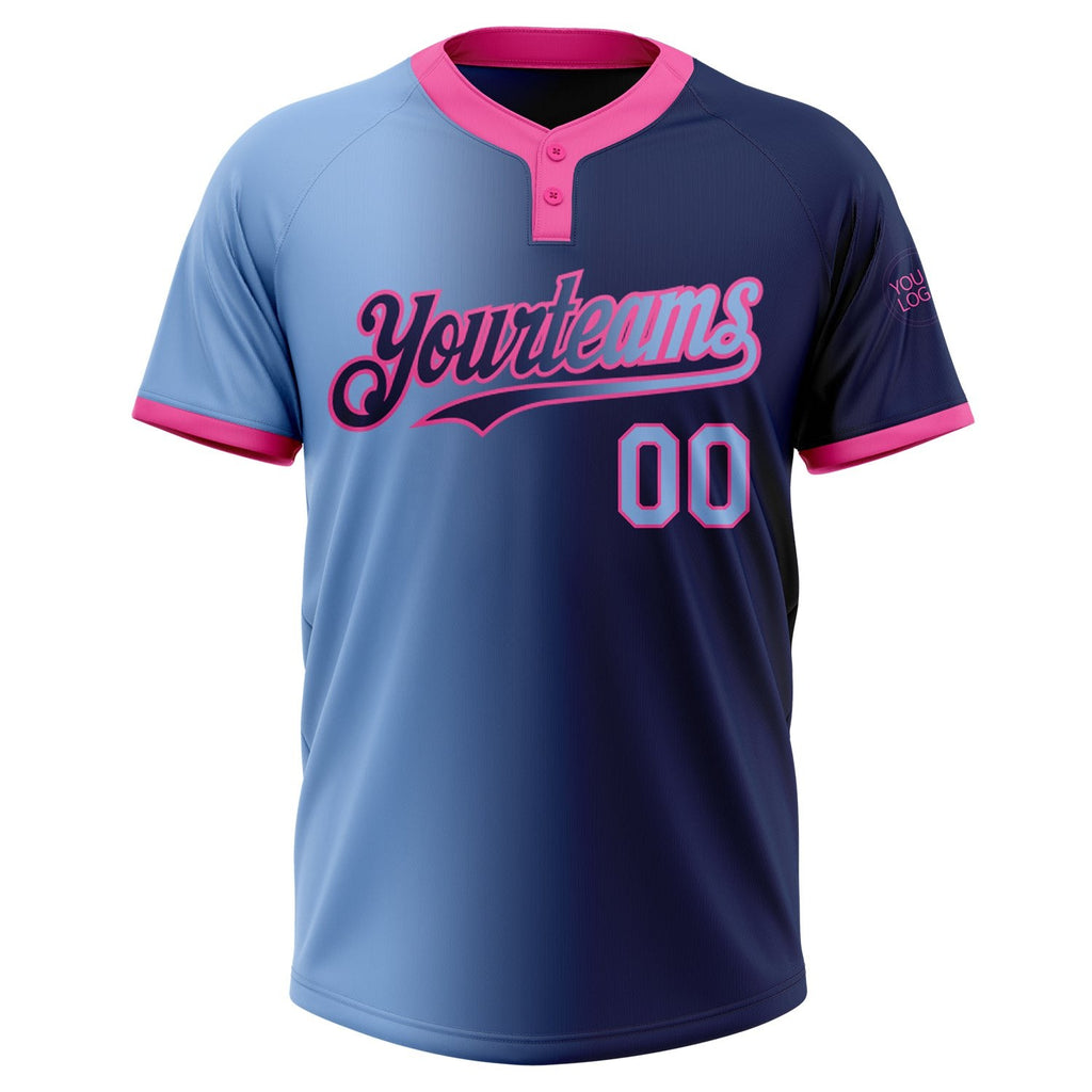 Custom Navy Light Blue-Pink Gradient Fashion Two-Button Unisex Softball Jersey photo 2