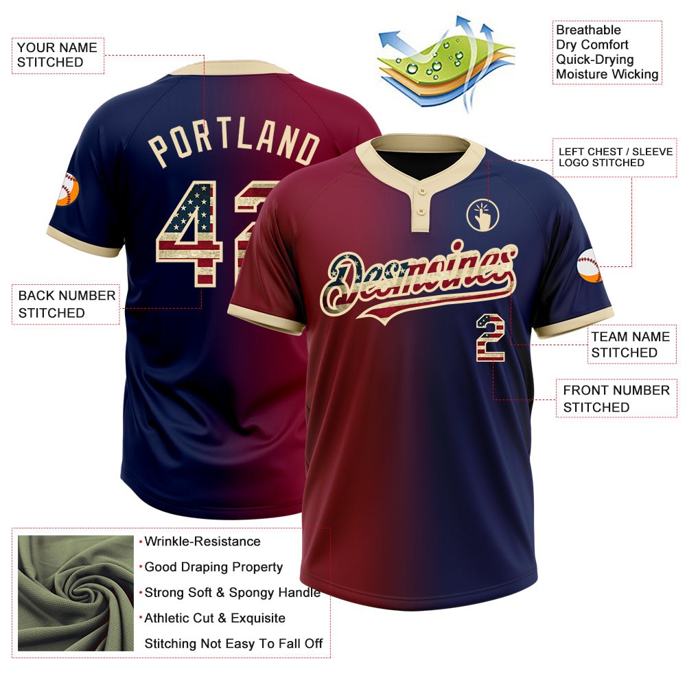 Custom Navy Vintage USA Flag Maroon-City Cream Gradient Fashion Two-Button Unisex Softball Jersey photo 3