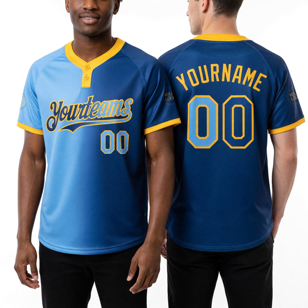 Custom Royal Light Blue-Gold Gradient Fashion Two-Button Unisex Softball Jersey worn front and back
