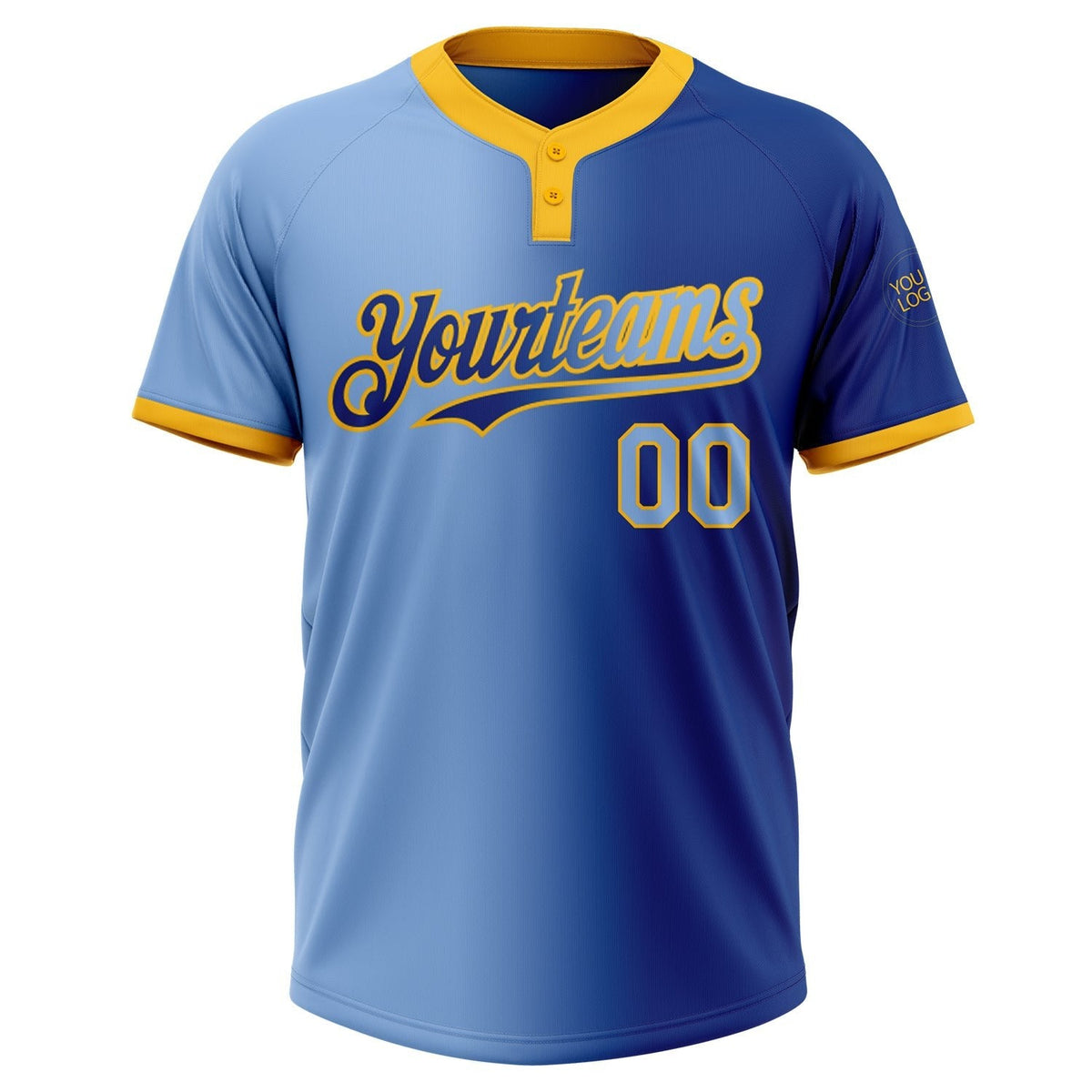 Custom Royal Light Blue-Gold Gradient Fashion Two-Button Unisex Softball Jersey photo 2