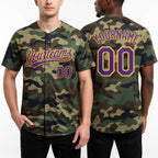 Custom Camo Purple-Gold Salute To Service Two-Button Unisex Softball Jersey worn front and back