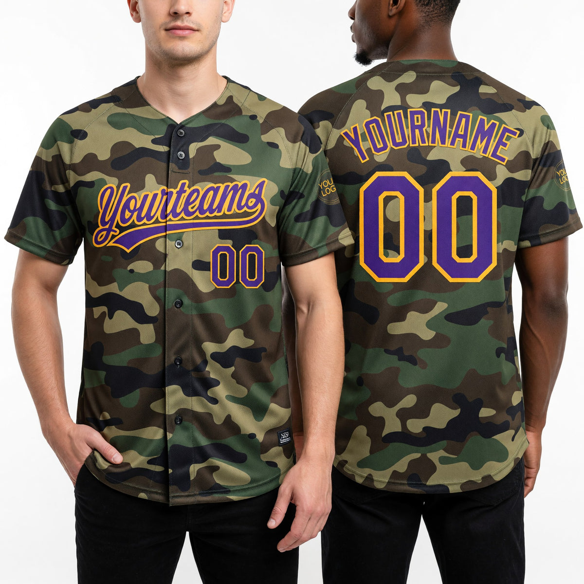 Custom Camo Purple-Gold Salute To Service Two-Button Unisex Softball Jersey worn front and back