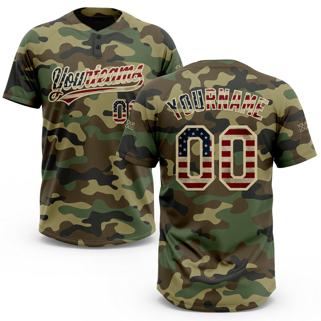Custom Camo Vintage USA Flag-Cream Salute To Service Two-Button Unisex Softball Jersey