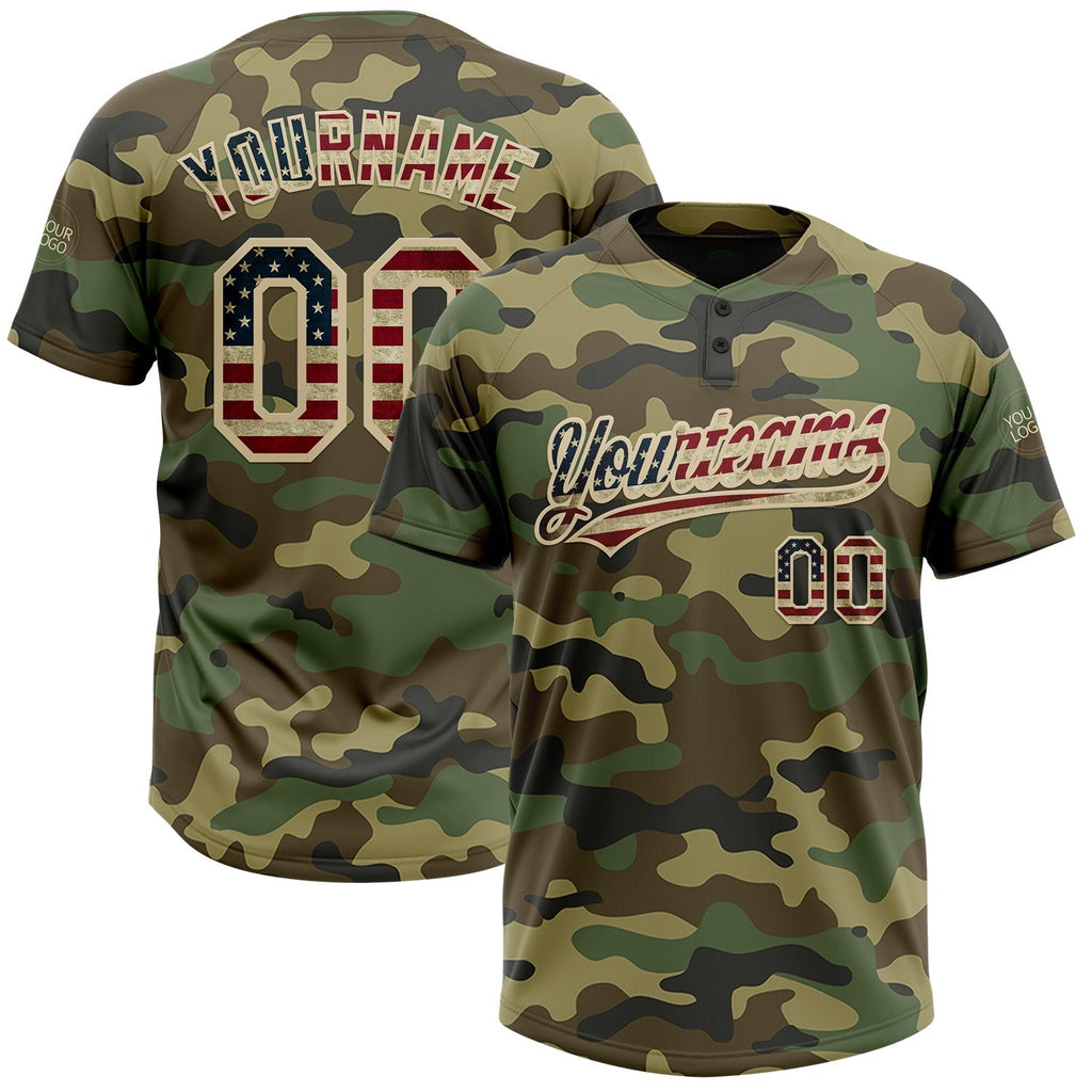 Custom Camo Vintage USA Flag-Cream Salute To Service Two-Button Unisex Softball Jersey photo 1