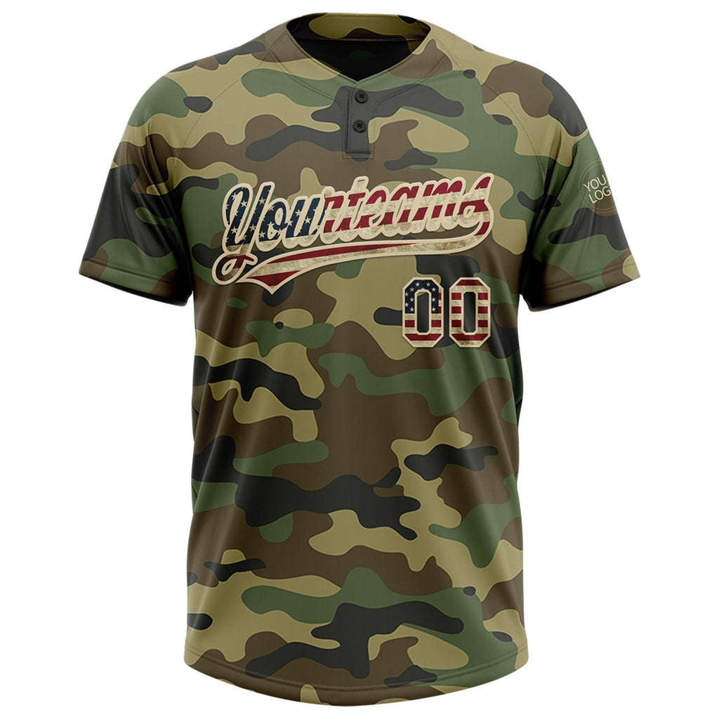 Custom Camo Vintage USA Flag-Cream Salute To Service Two-Button Unisex Softball Jersey photo 2