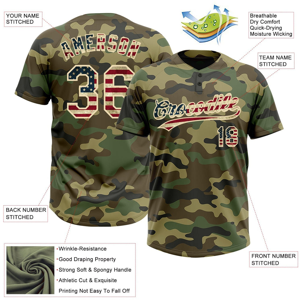 Custom Camo Vintage USA Flag-Cream Salute To Service Two-Button Unisex Softball Jersey photo 3
