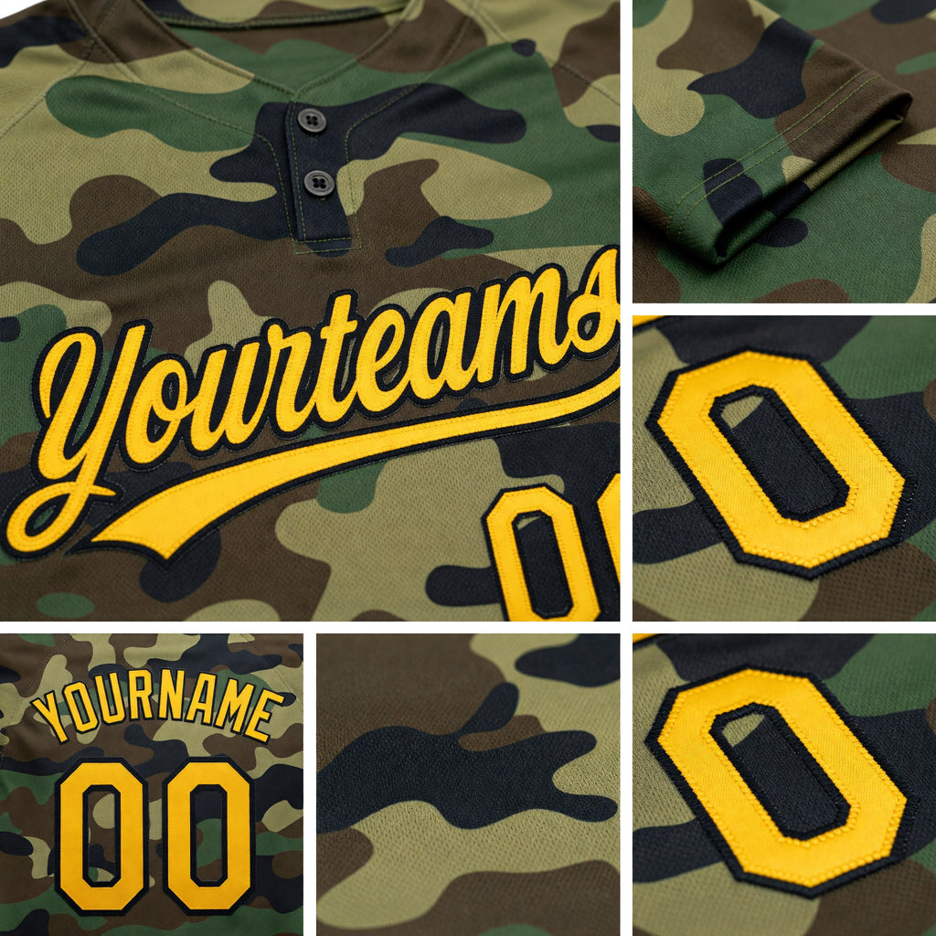 Custom Camo Gold-Black Salute To Service Two-Button Unisex Softball Jersey detail