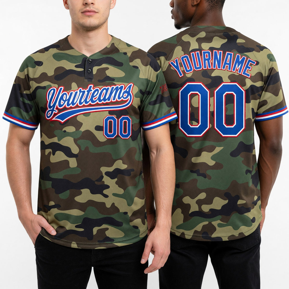 Custom Camo Royal-Red Salute To Service Two-Button Unisex Softball Jersey worn front and back
