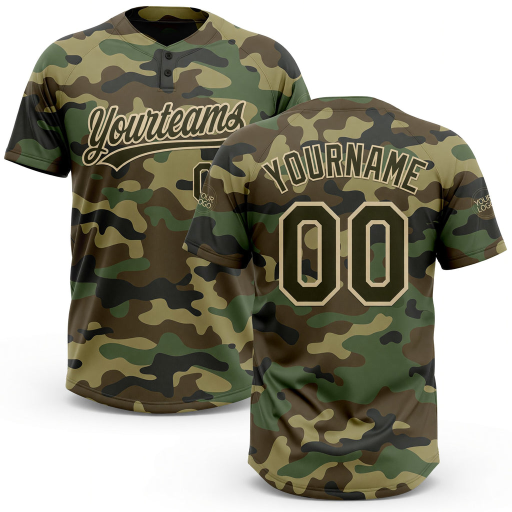 Custom Camo Olive-Cream Salute To Service Two-Button Unisex Softball Jersey