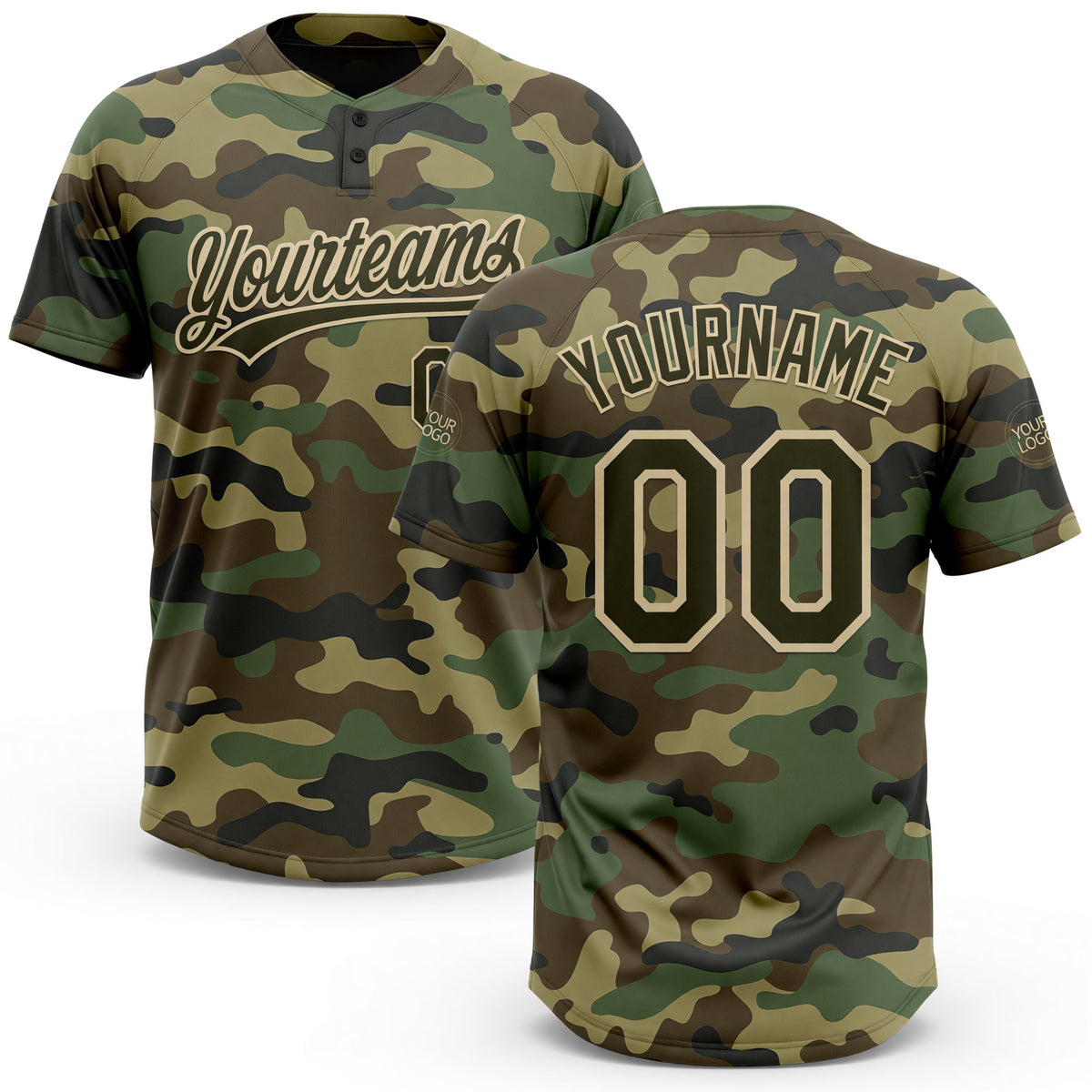 Custom Camo Olive-Cream Salute To Service Two-Button Unisex Softball Jersey
