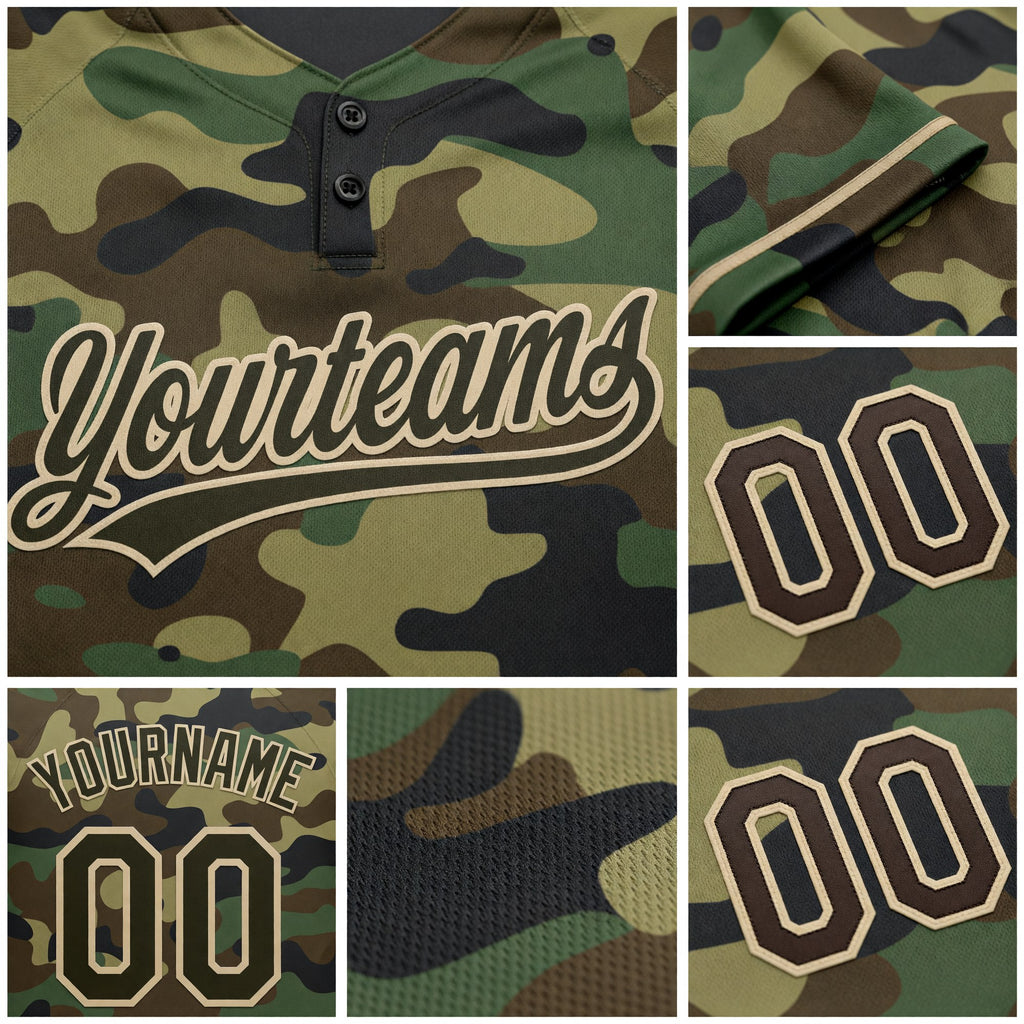 Custom Camo Olive-Cream Salute To Service Two-Button Unisex Softball Jersey detail