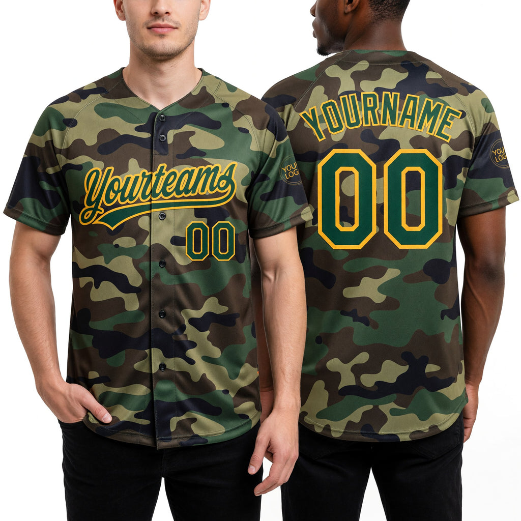 Custom Camo Green-Gold Salute To Service Two-Button Unisex Softball Jersey worn front and back