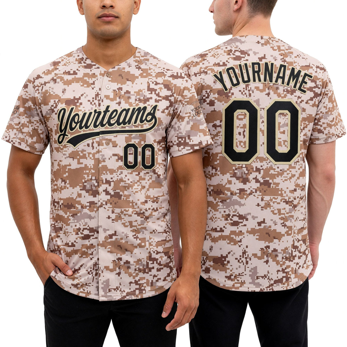 Custom Camo Black-Cream Salute To Service Two-Button Unisex Softball Jersey worn front and back
