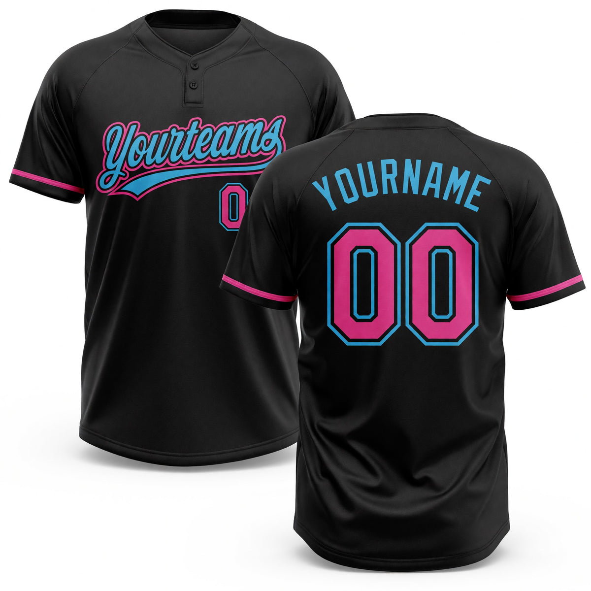 Custom Black Pink-Sky Blue Two-Button Unisex Softball Jersey