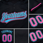Custom Black Pink-Sky Blue Two-Button Unisex Softball Jersey detail