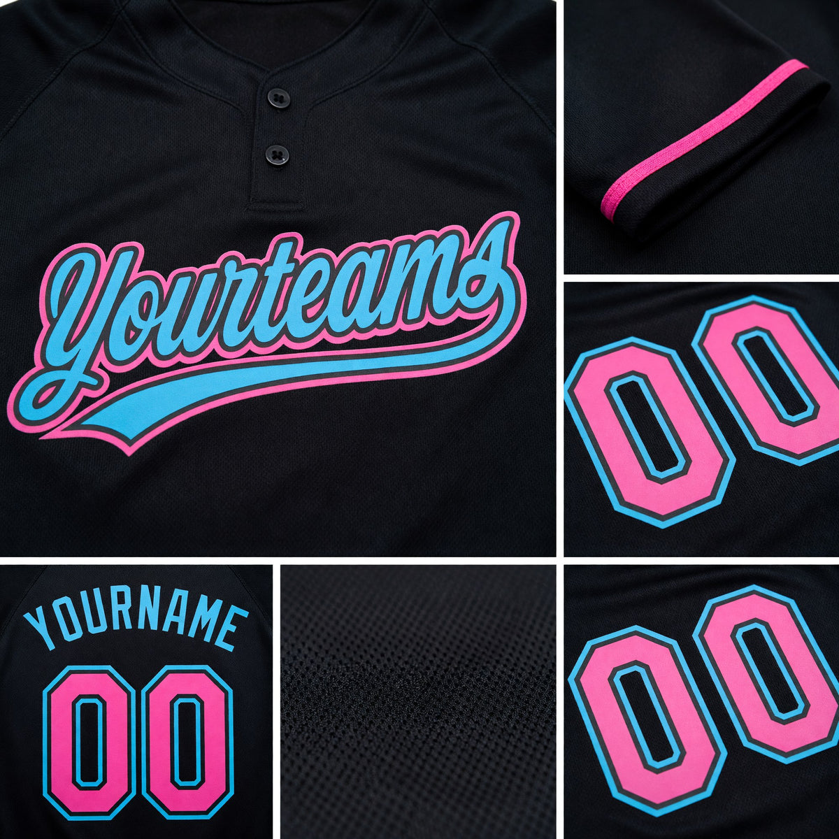 Custom Black Pink-Sky Blue Two-Button Unisex Softball Jersey detail