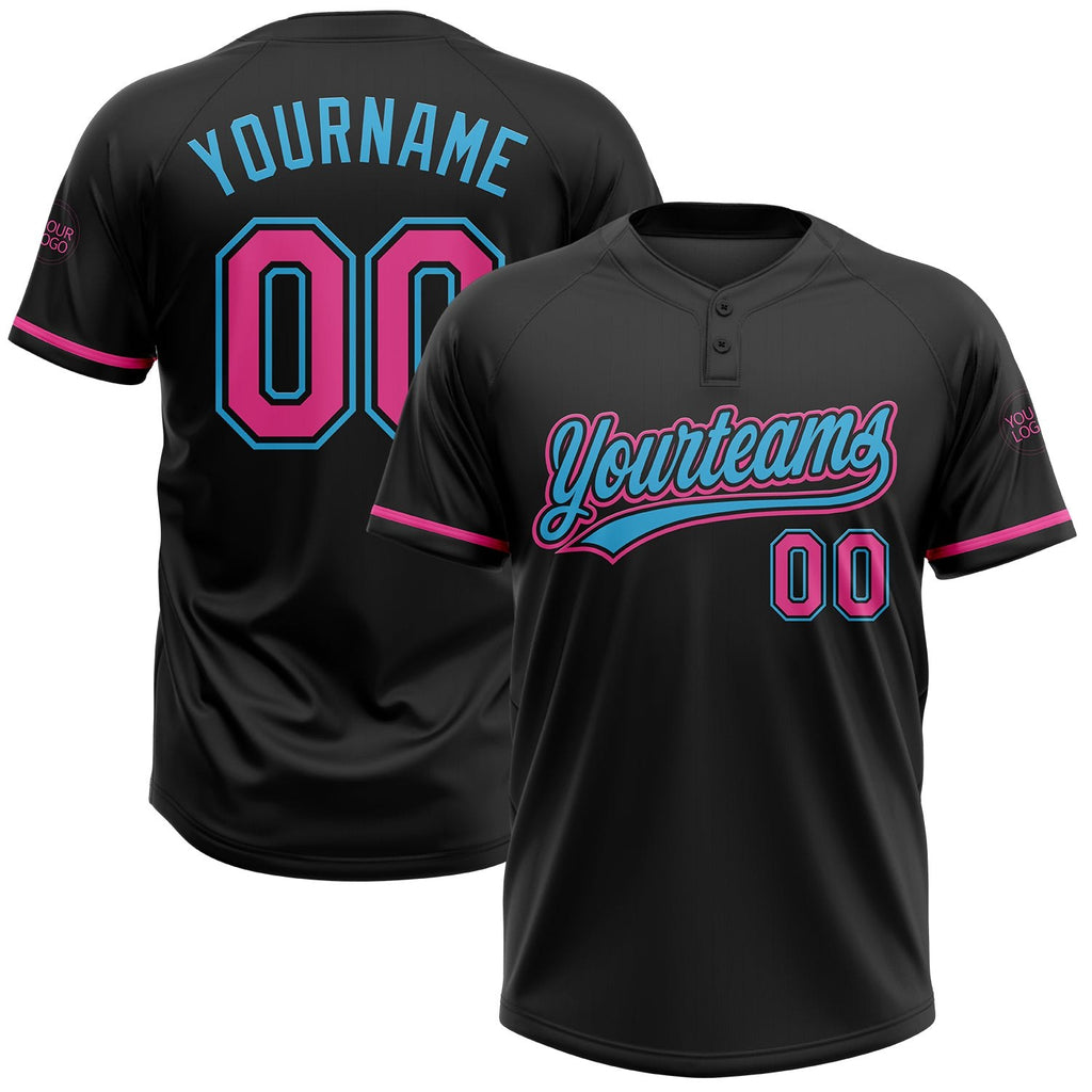 Custom Black Pink-Sky Blue Two-Button Unisex Softball Jersey photo 1