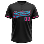 Custom Black Pink-Sky Blue Two-Button Unisex Softball Jersey photo 2
