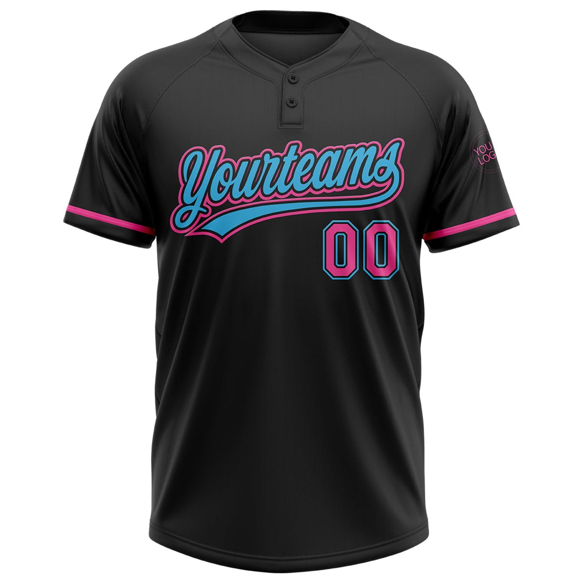 Custom Black Pink-Sky Blue Two-Button Unisex Softball Jersey photo 2