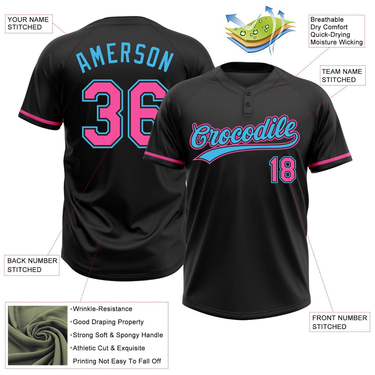 Custom Black Pink-Sky Blue Two-Button Unisex Softball Jersey photo 3