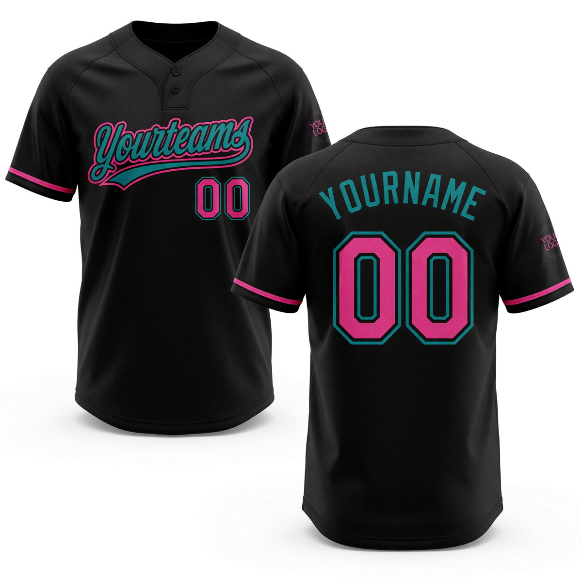 Custom Black Pink-Teal Two-Button Unisex Softball Jersey