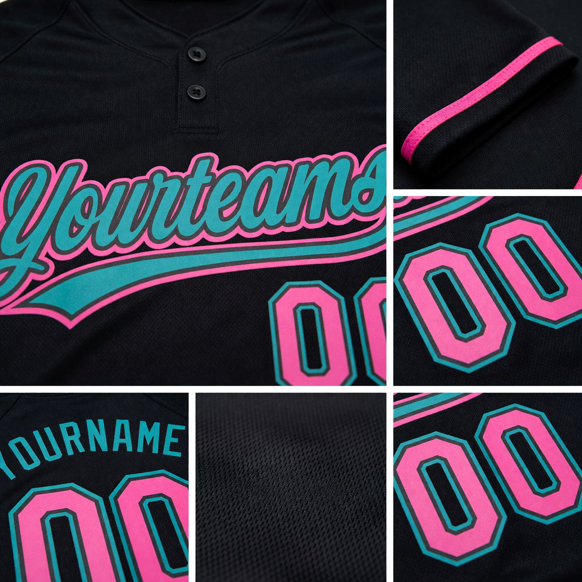 Custom Black Pink-Teal Two-Button Unisex Softball Jersey detail