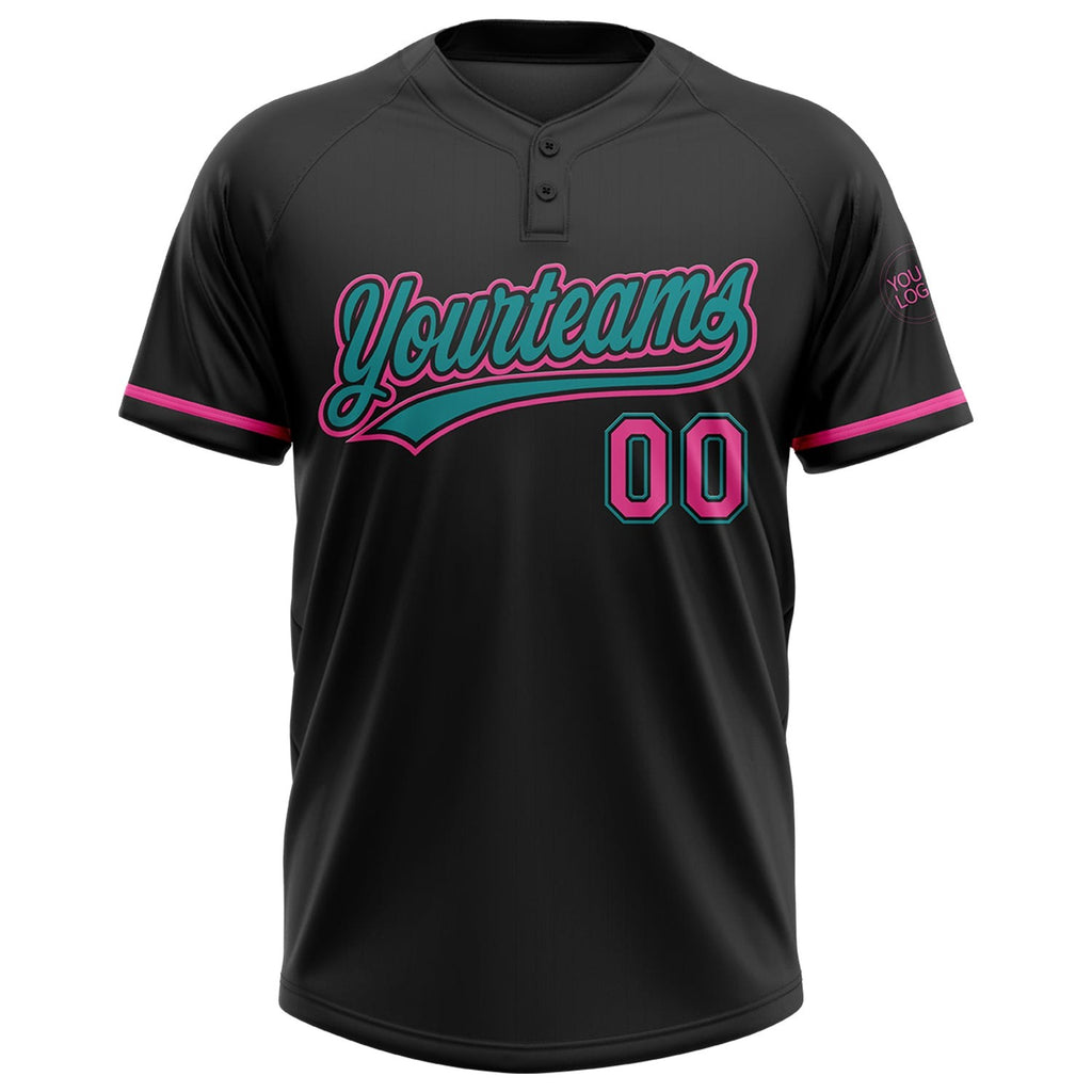 Custom Black Pink-Teal Two-Button Unisex Softball Jersey photo 2