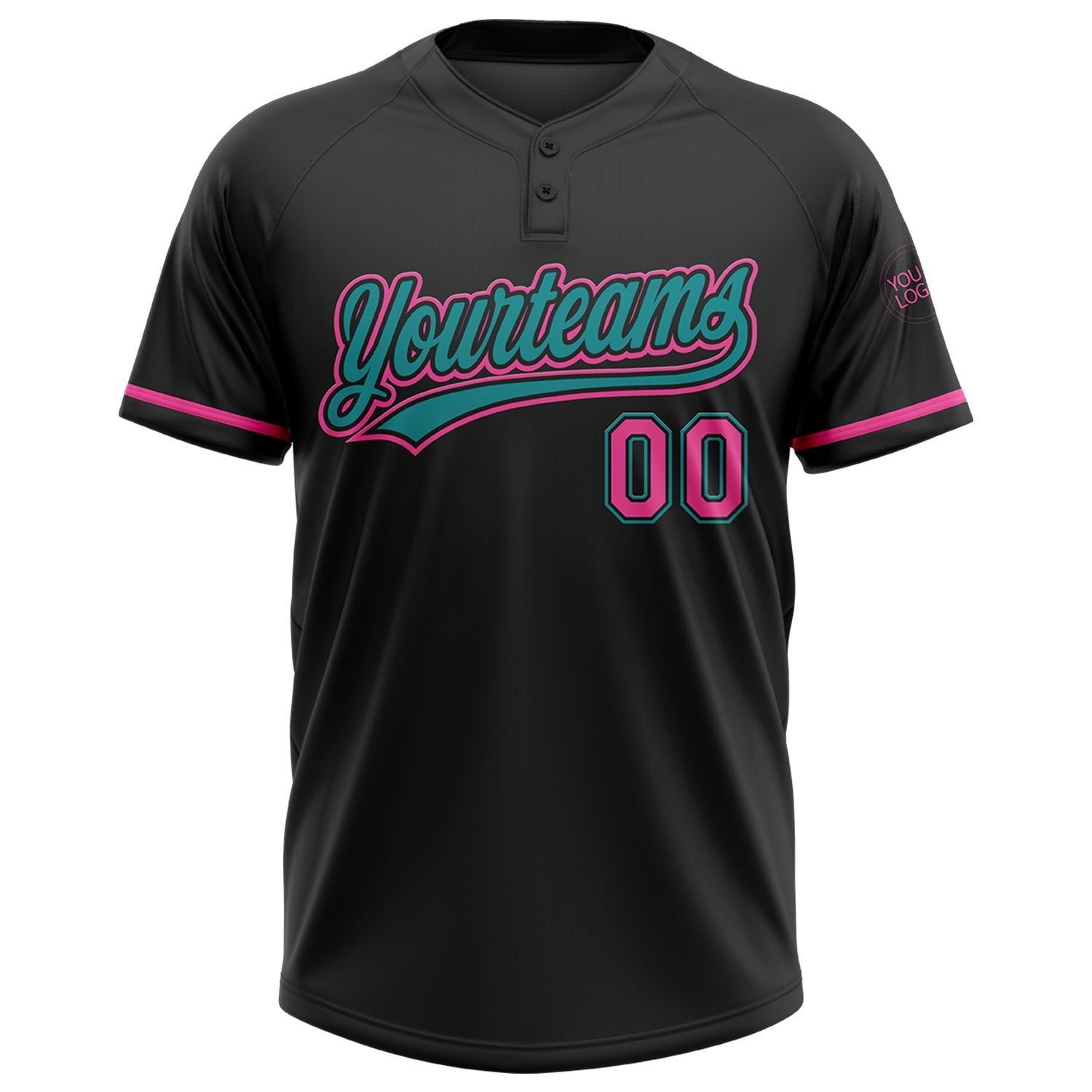 Custom Black Pink-Teal Two-Button Unisex Softball Jersey photo 2