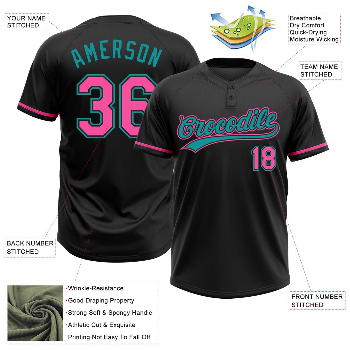 Custom Black Pink-Teal Two-Button Unisex Softball Jersey photo 3