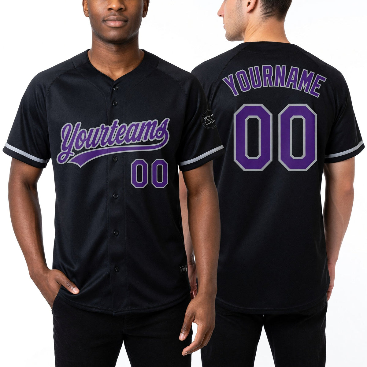 Custom Black Purple-Gray Two-Button Unisex Softball Jersey worn front and back