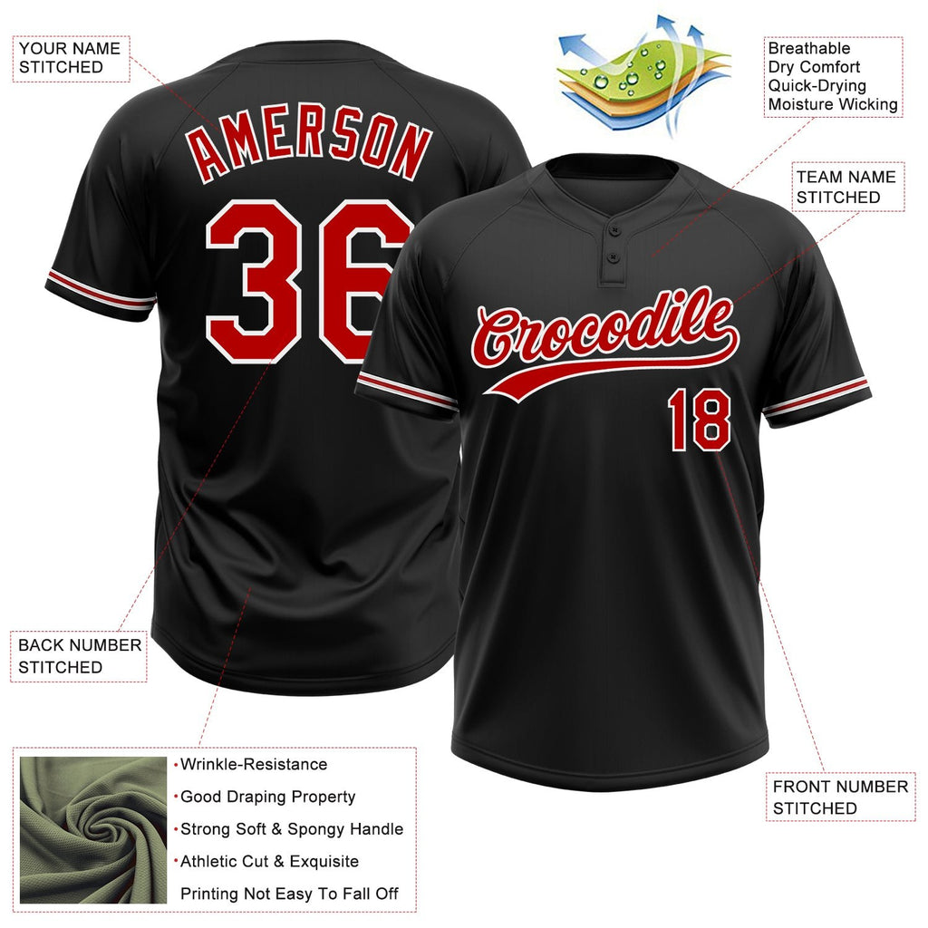 Custom Black Red-White Two-Button Unisex Softball Jersey photo 3