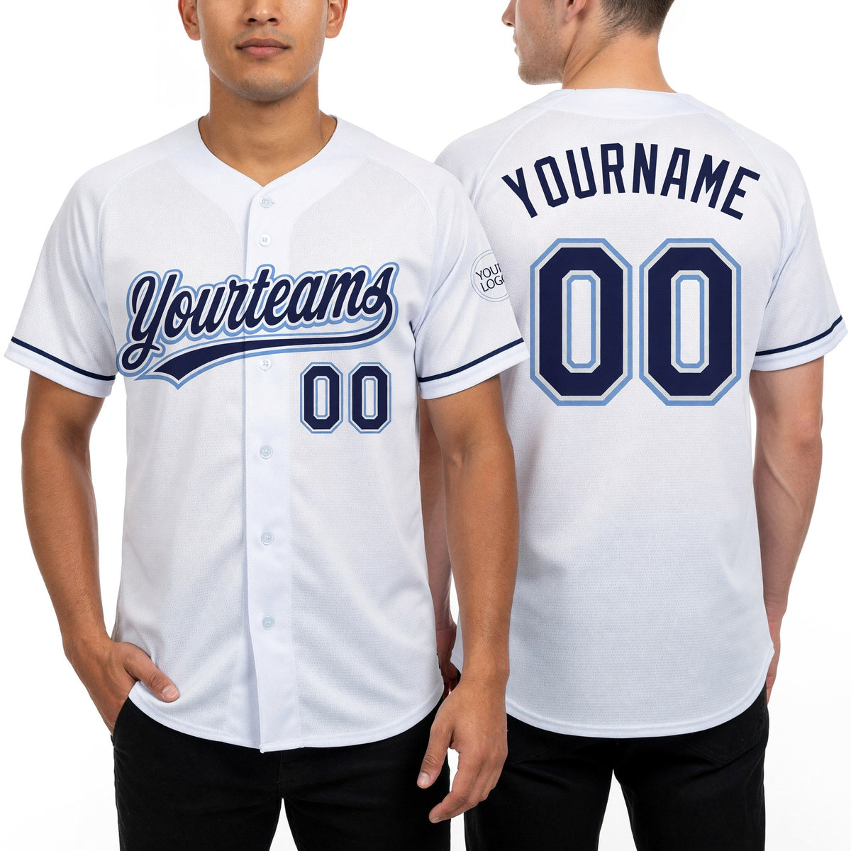 Custom White Navy-Light Blue Two-Button Unisex Softball Jersey worn front and back