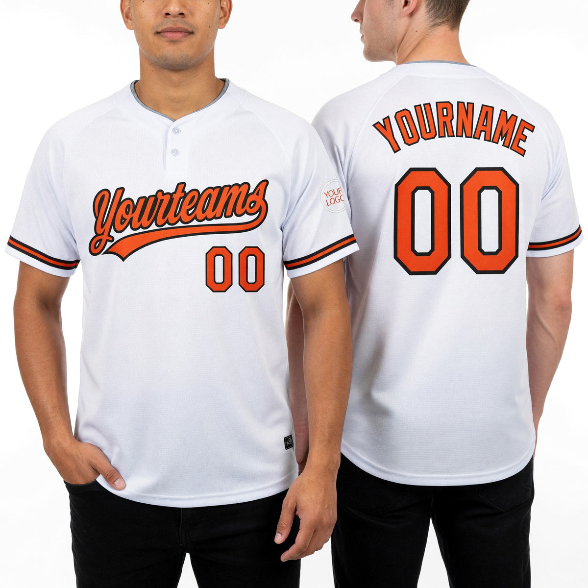 Custom White Orange-Black Two-Button Unisex Softball Jersey worn front and back