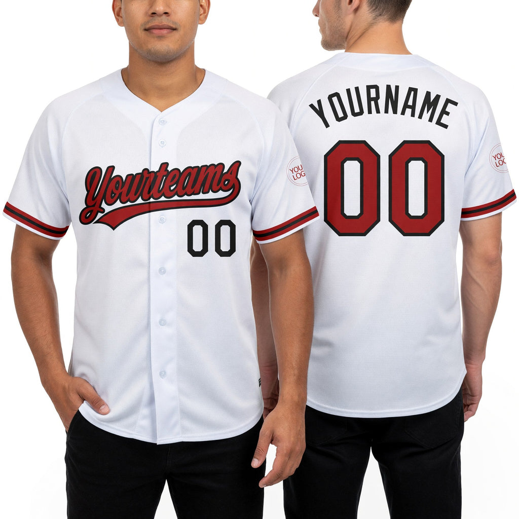 Custom White Red-Black Two-Button Unisex Softball Jersey worn front and back