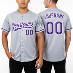 Custom Gray Purple-White Two-Button Unisex Softball Jersey worn front and back