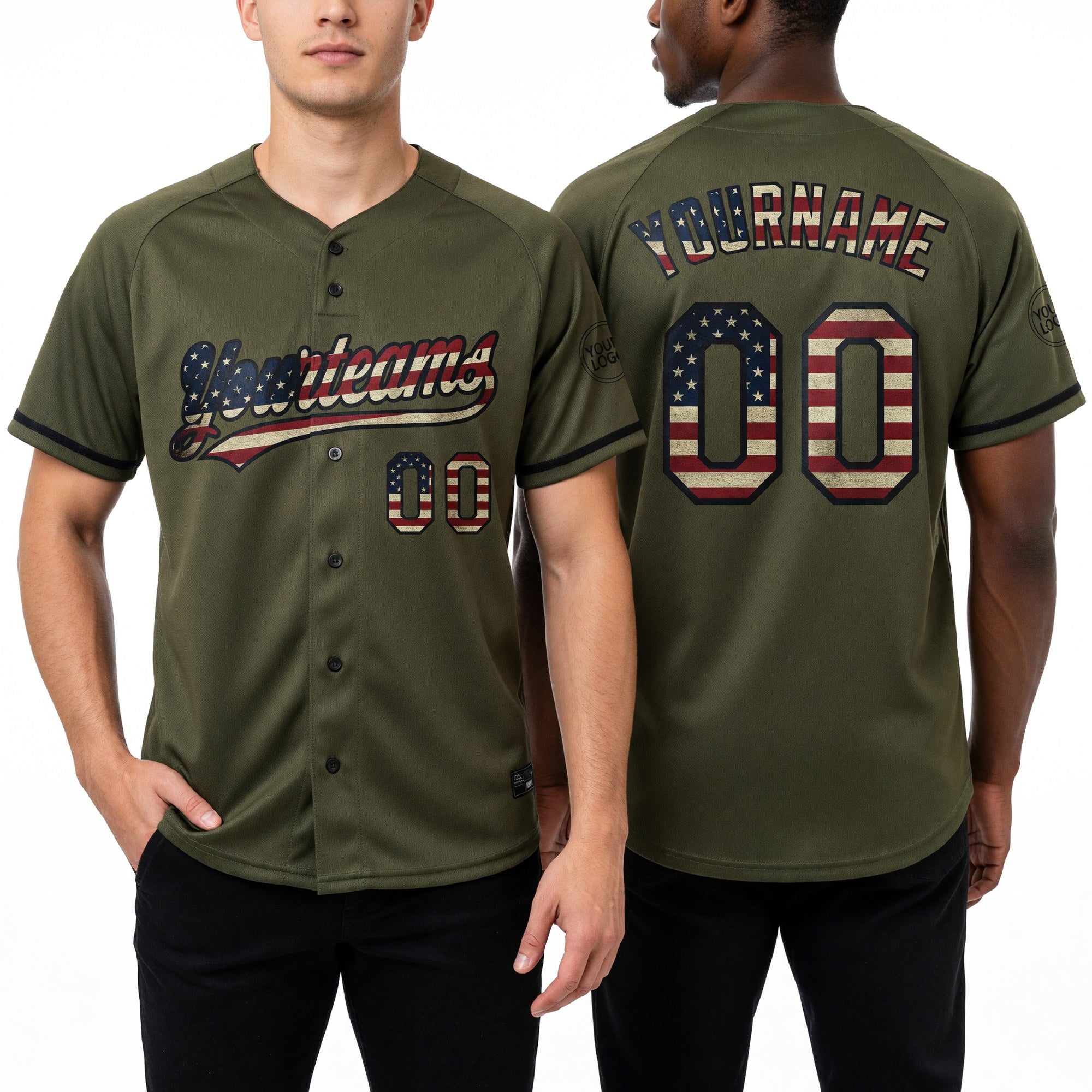 Custom Olive Vintage USA Flag-Black Salute To Service Two-Button Unisex Softball Jersey worn front and back