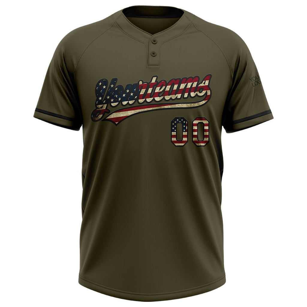 Custom Olive Vintage USA Flag-Black Salute To Service Two-Button Unisex Softball Jersey photo 2